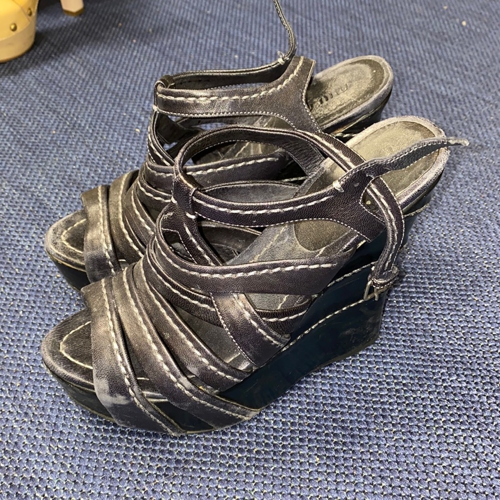miu miu black strappy leather wedges
